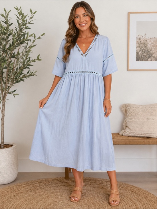 Dresses & Skirts - Light Blue V-Neck Midi Dress with Eyelet Details